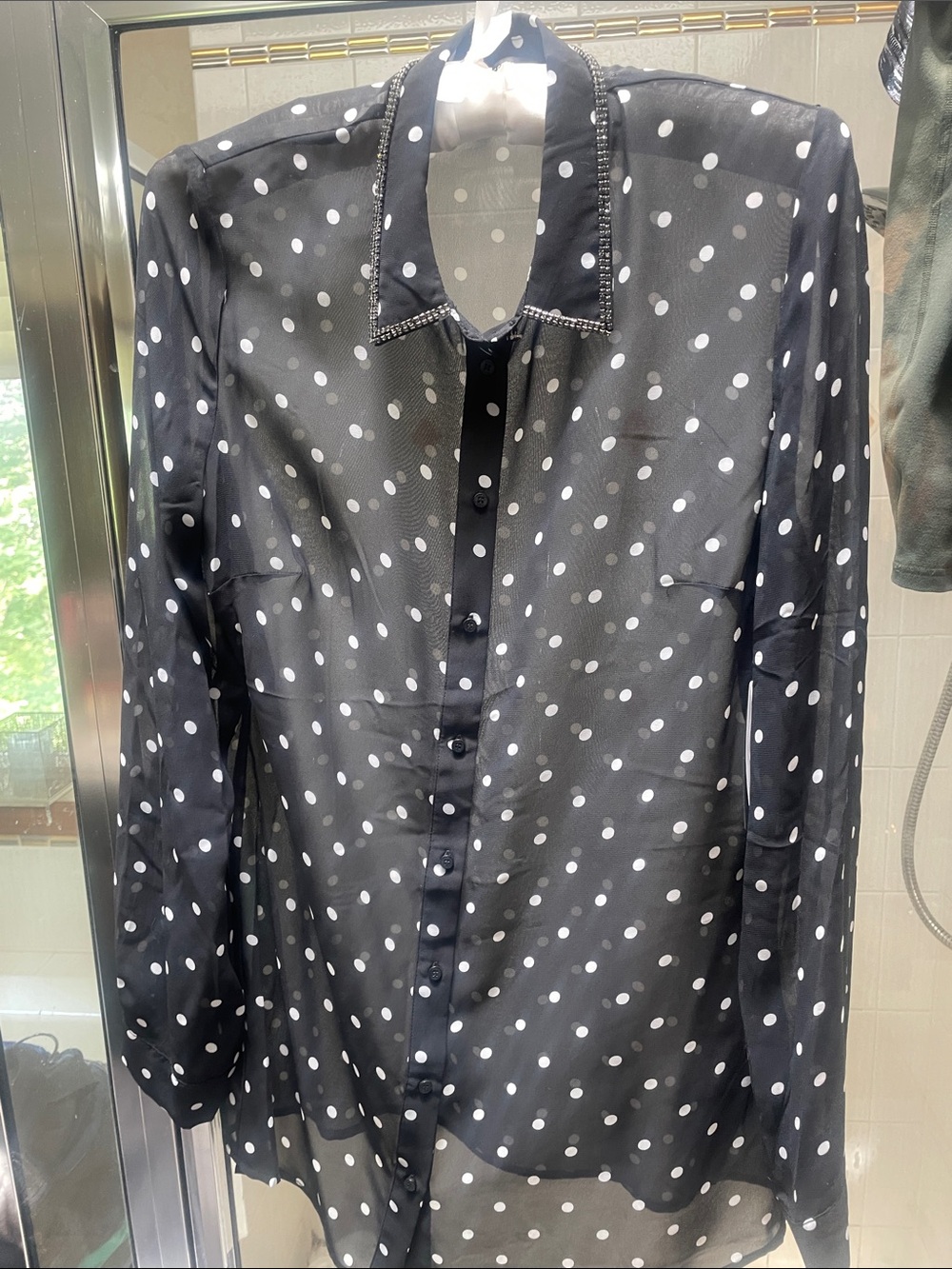 Guess Black Sheer Polka Dot Button-Down Blouse with Beaded Collar